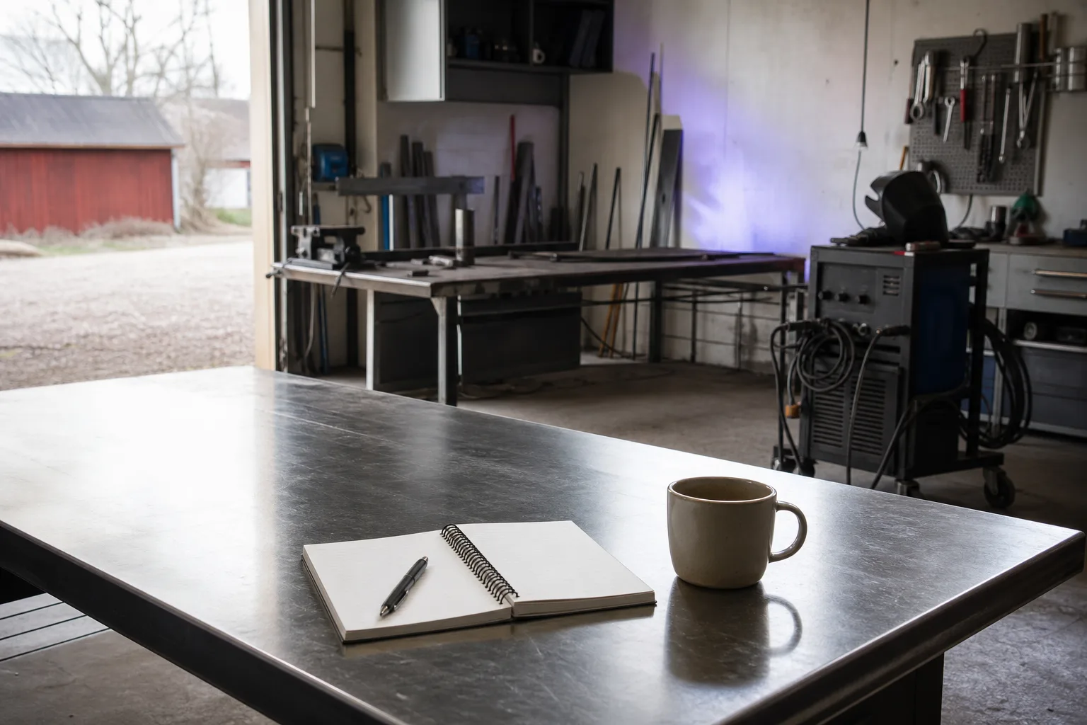 Anteckningsbok och kaffekopp på verkstadsbänk
