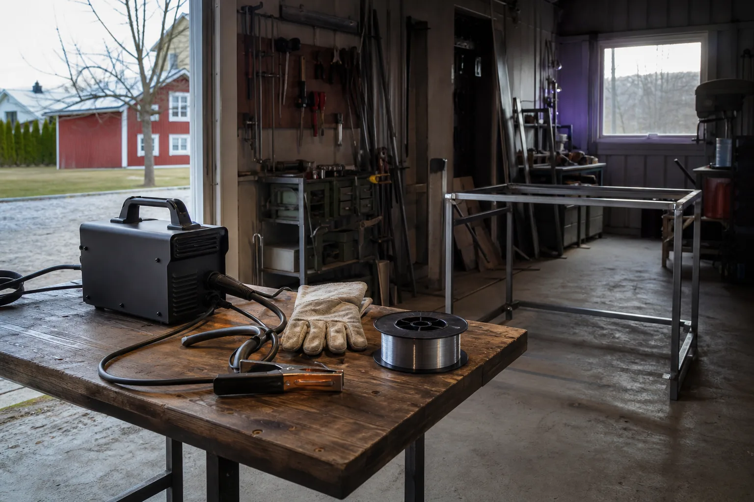 Kompakt svets med handskar och svetstråd på en verkstadsbänk