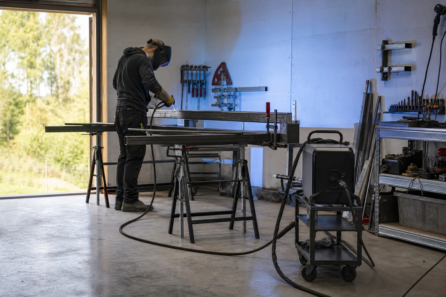 Neutral svets på vagn framför en stålram i garage