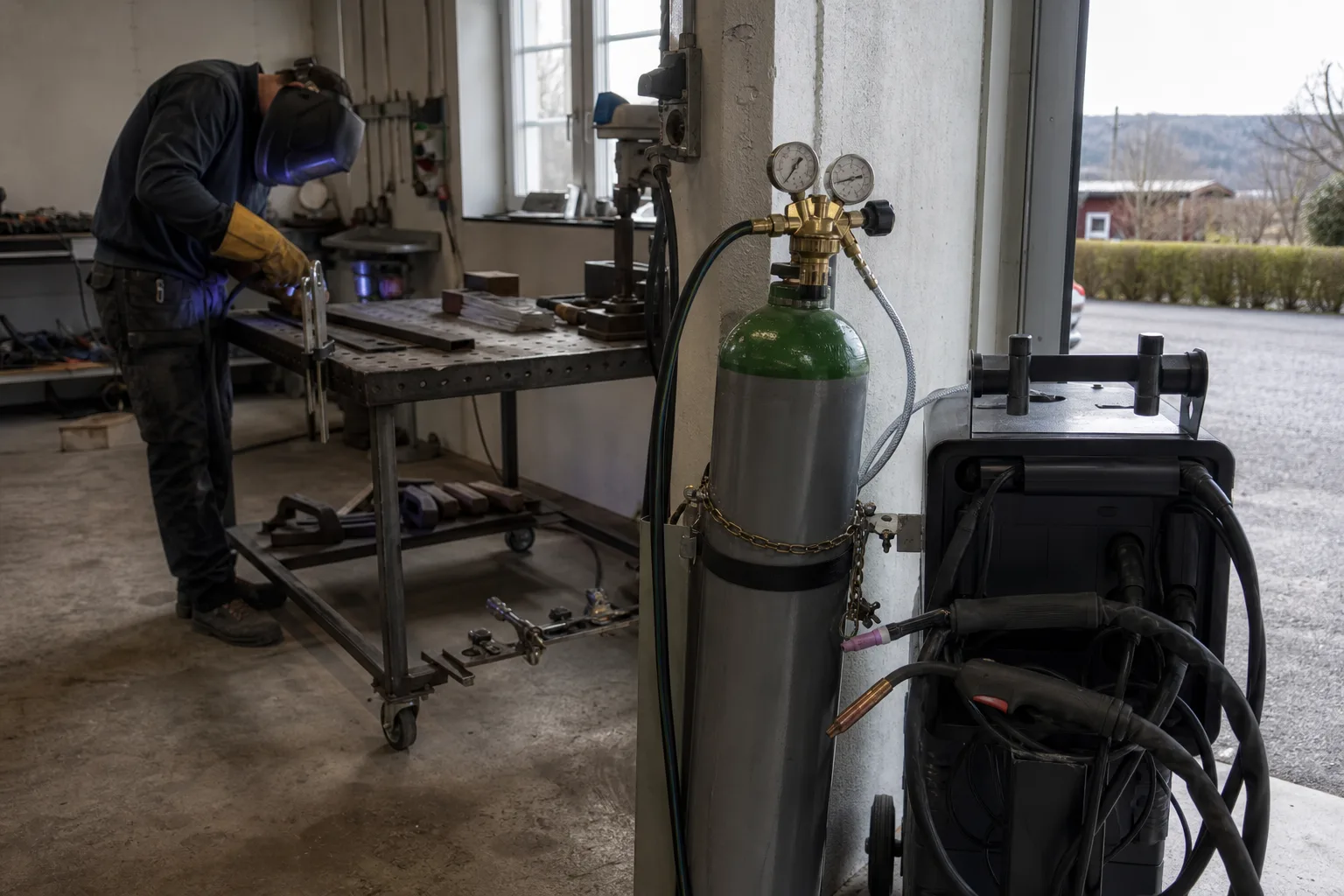 Fastspänd gasflaska med regulator bredvid svetsverktyg