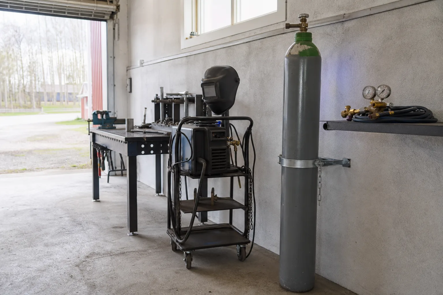Upprätt fastspänd gasflaska i en garageverkstad