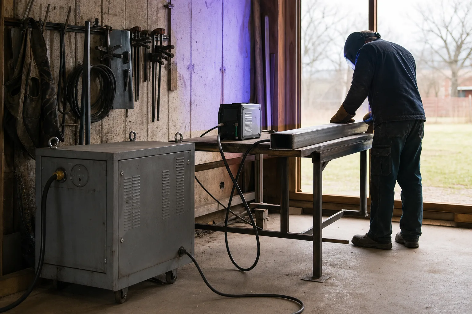 Tung transformator och mindre inverter bredvid en stålprofil