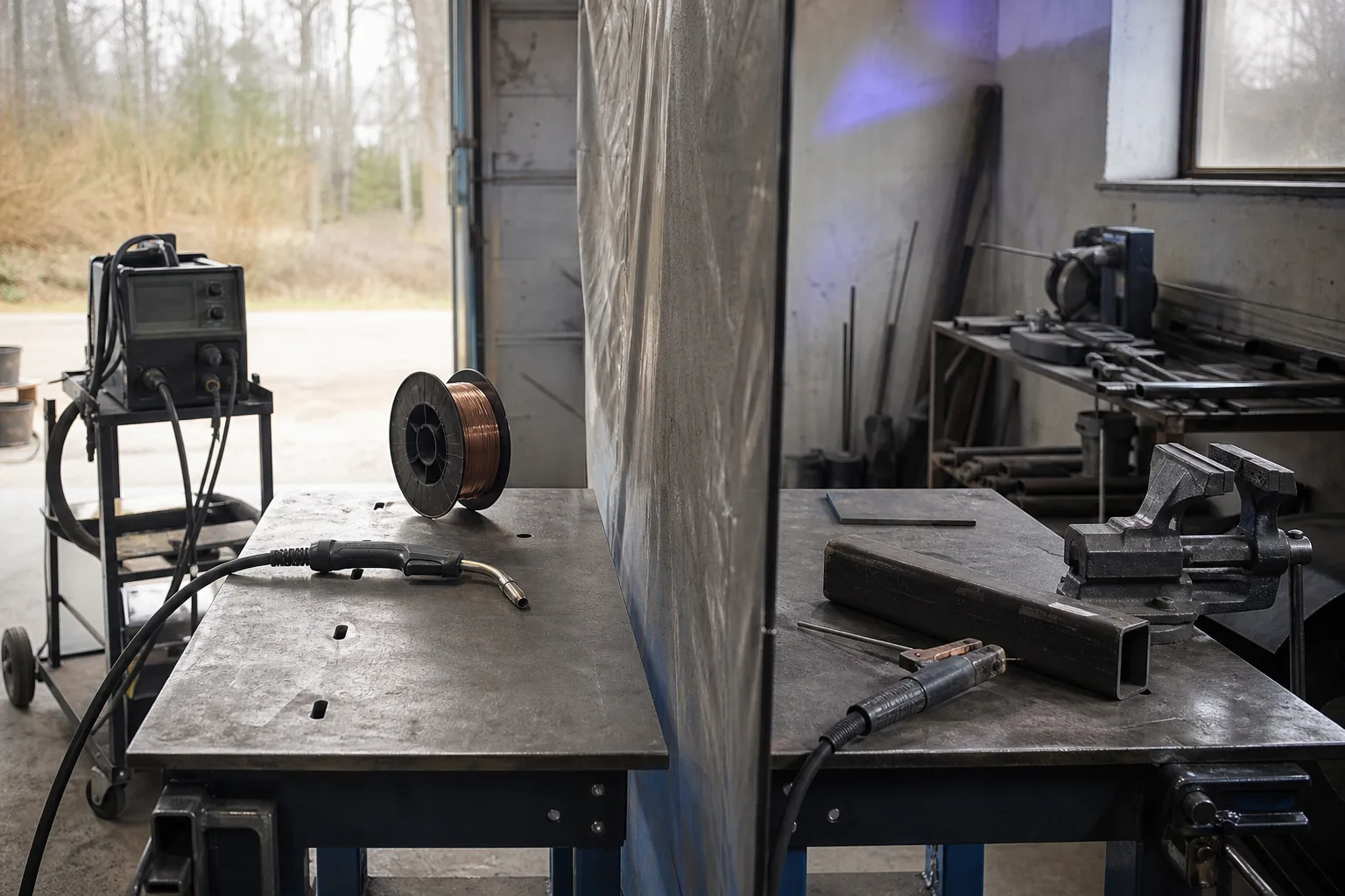 MIG-pistol och elektrodhållare vid en grov stålbit