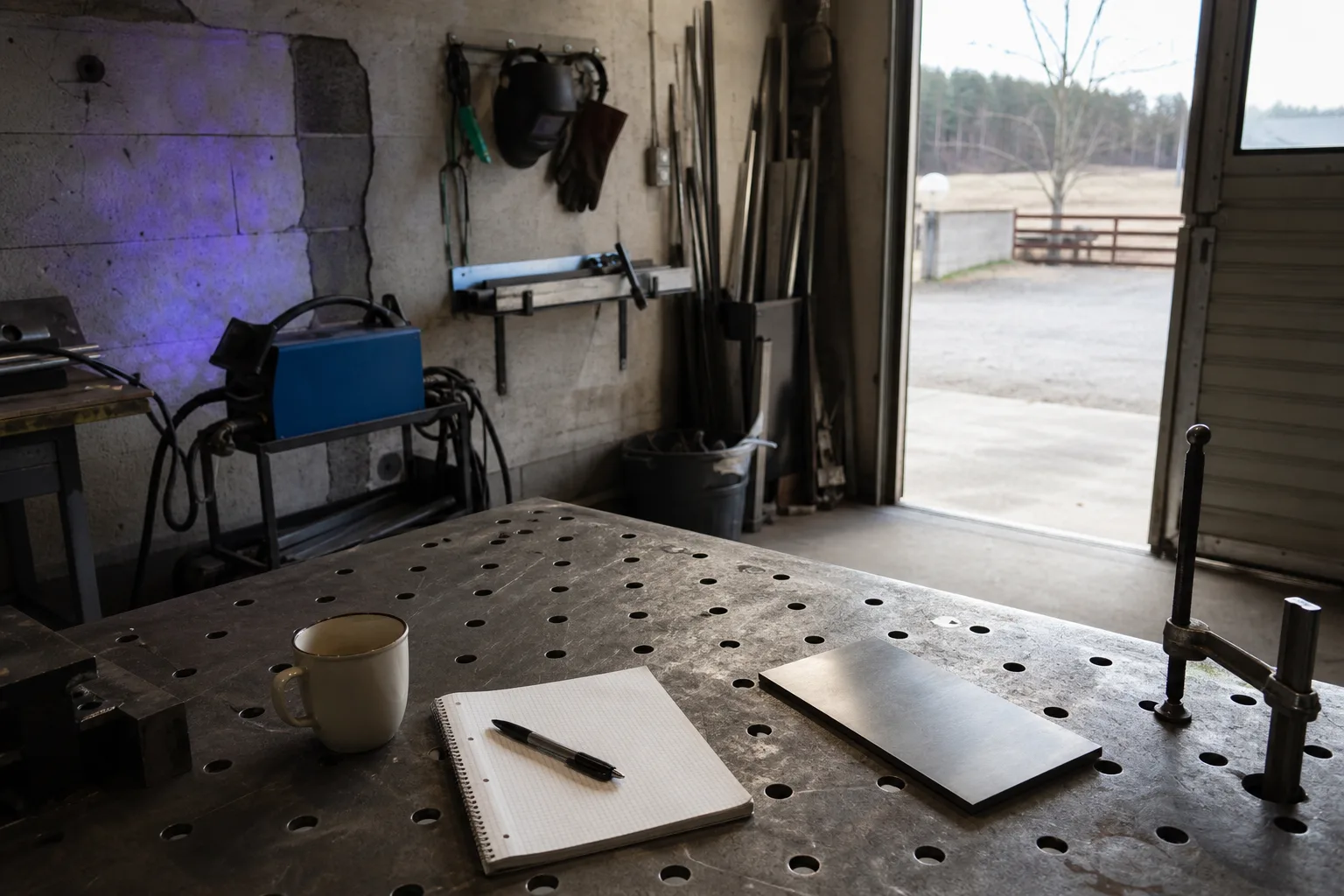 Anteckningsbok och kaffekopp på en lugn verkstadsbänk