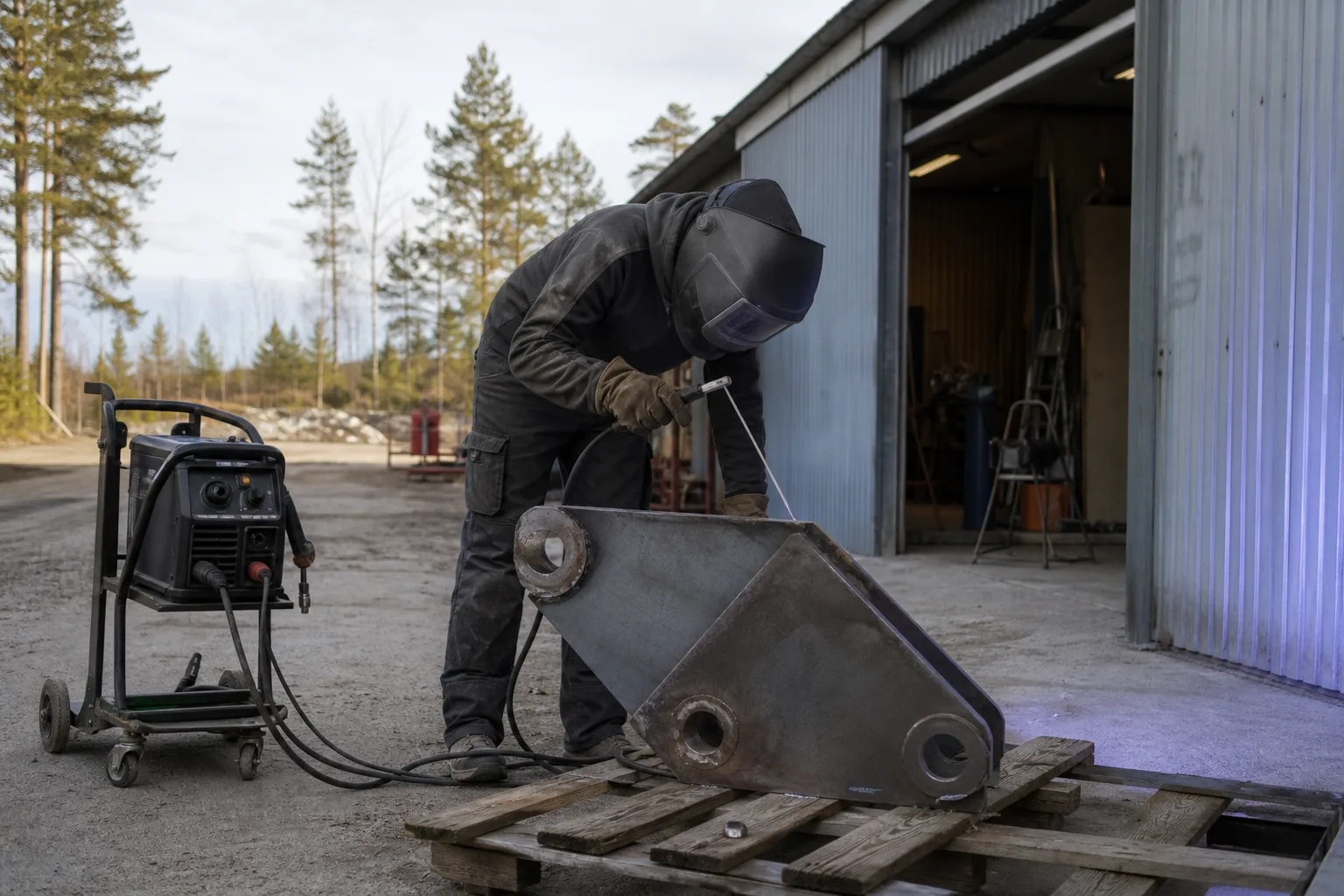 Skyddad svetsare reparerar en grov stålkonsol på gårdsplan
