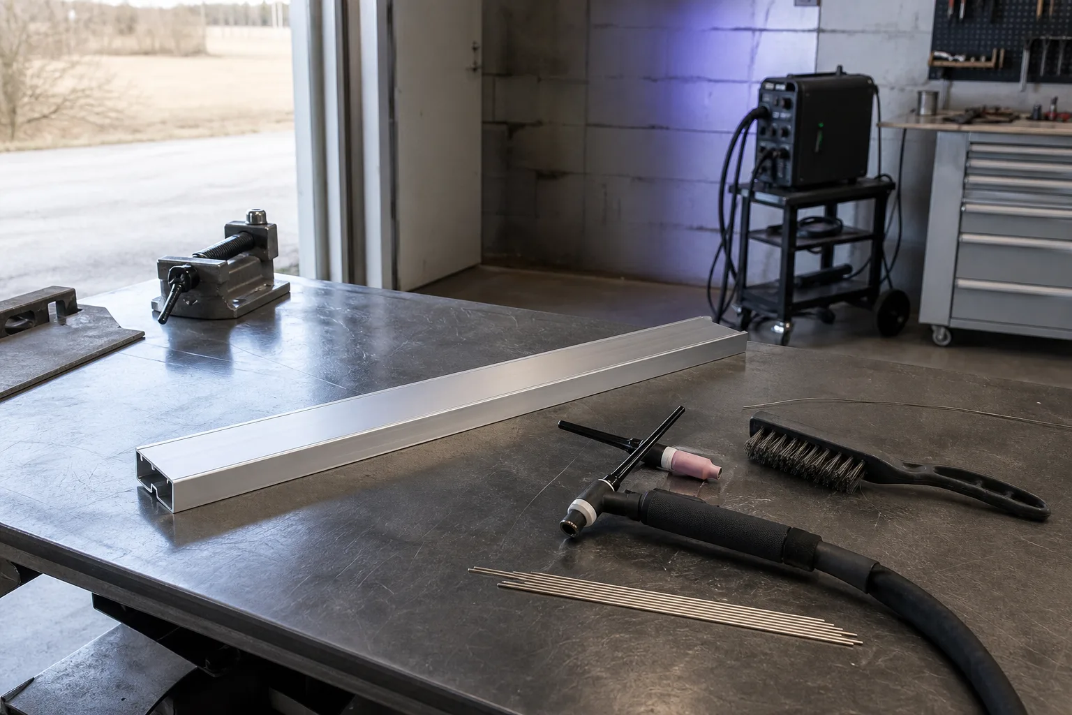 Aluminiumprofil och TIG-brännare på en ren verkstadsbänk