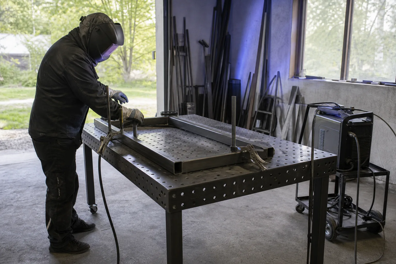 Fyrkantsrör fixerade på ett svetsbord med tvingar