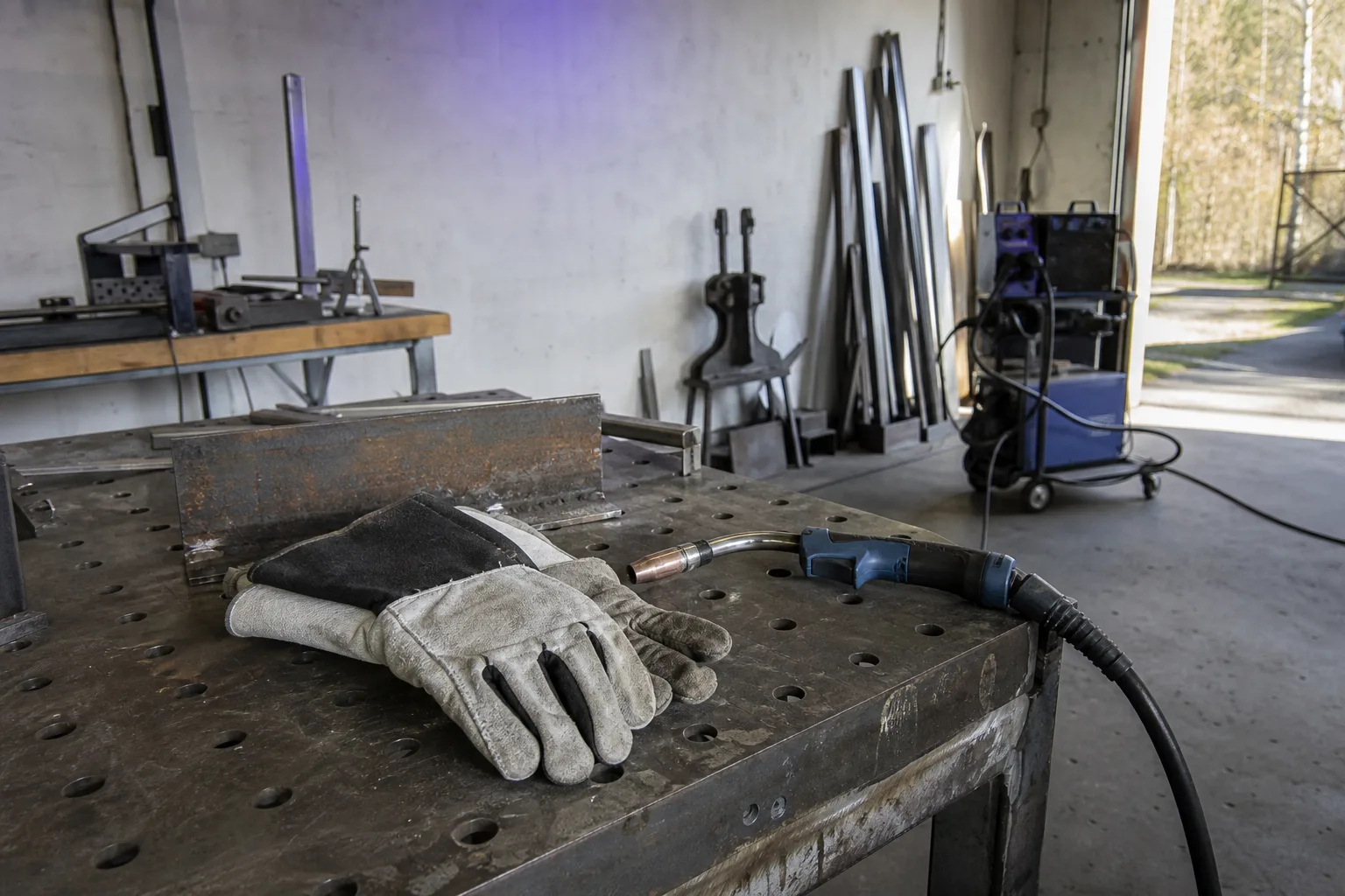 Svetshandskar och MIG-pistol på en verkstadsbänk