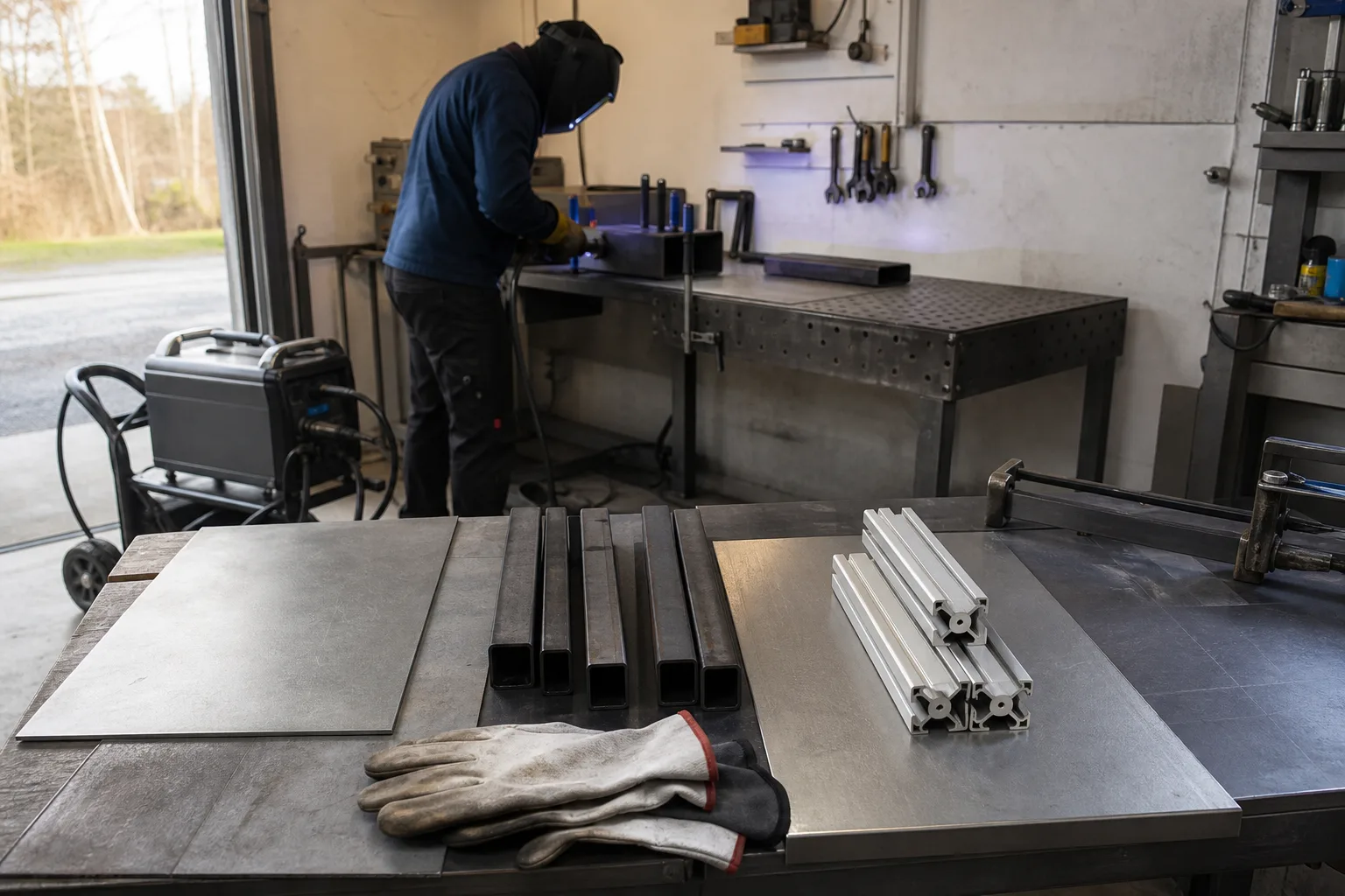 Plåt, stålrör och aluminiumprofil runt en neutral svets