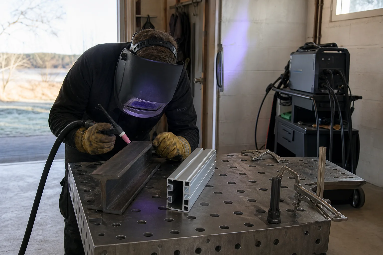 TIG-brännare mellan stålbit och aluminiumprofil