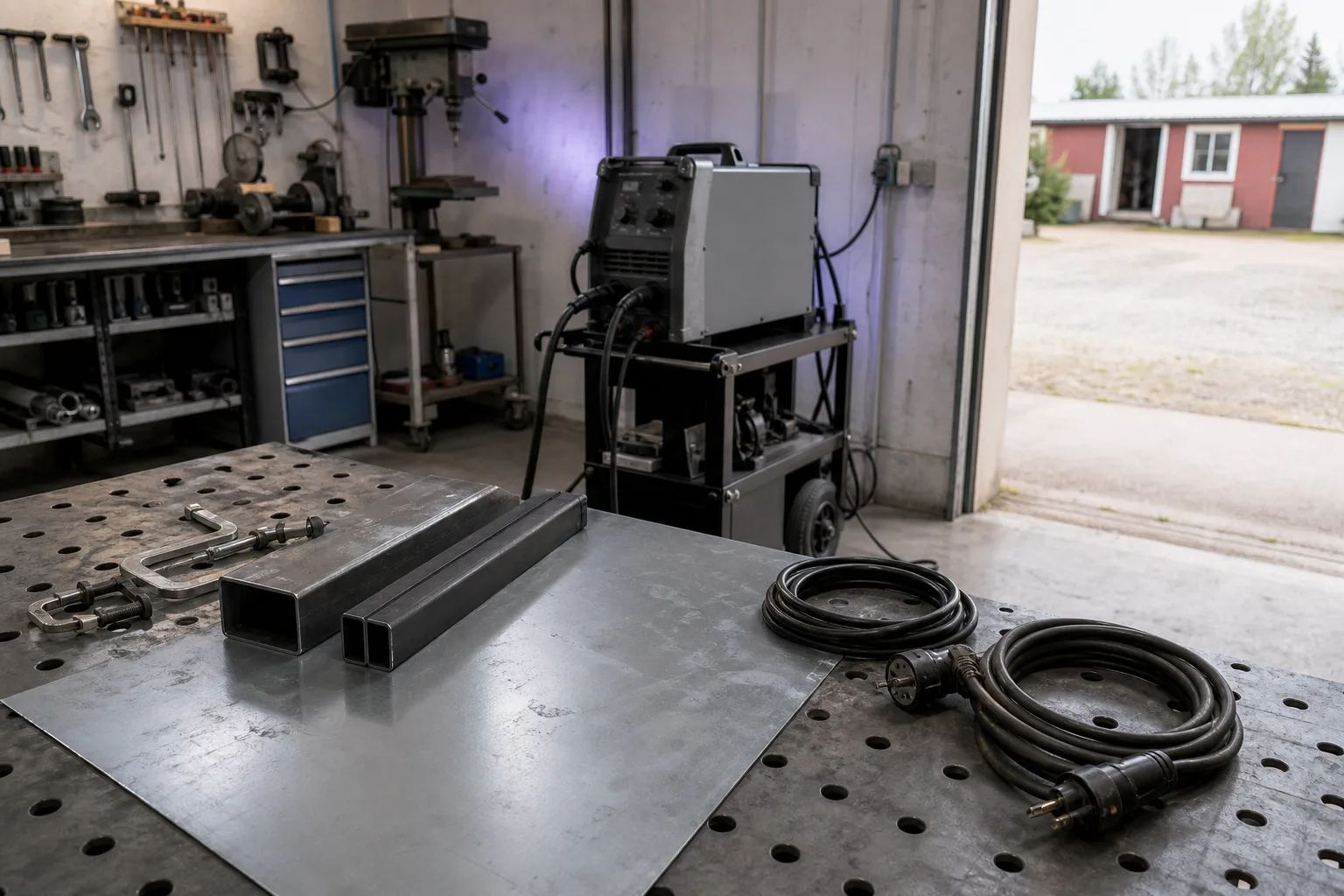 Tunn plåt och fyrkantsrör framför en svets i garage